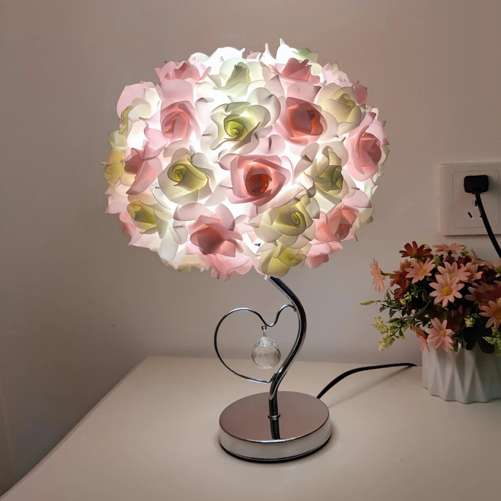 Rose Table Lamp – Pastoral Style Heart Crystal Bedside Light