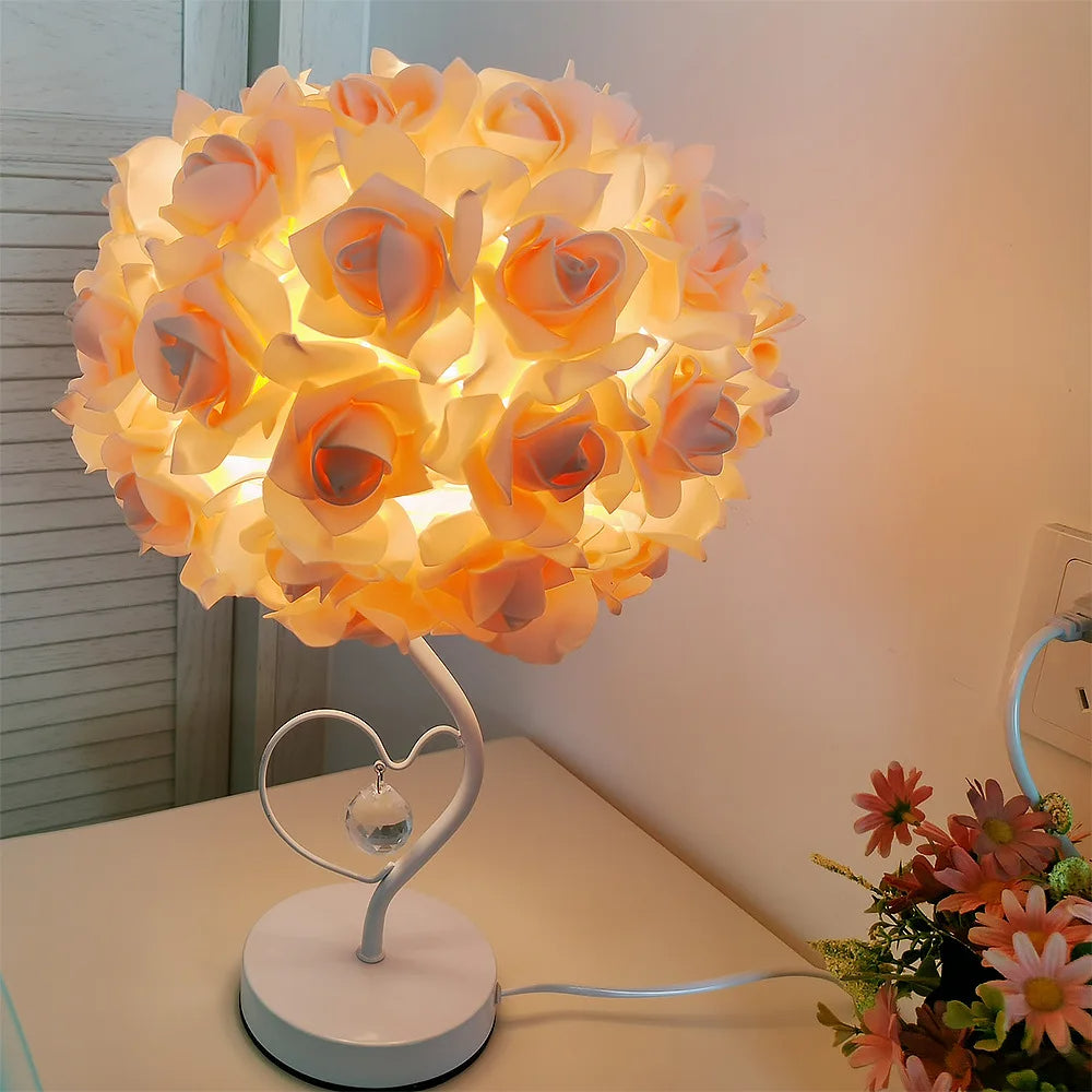 Rose Table Lamp – Pastoral Style Heart Crystal Bedside Light