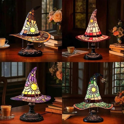 Stained Glass Witch Hat LED Night Light – Retro-Style Colorful Lamp